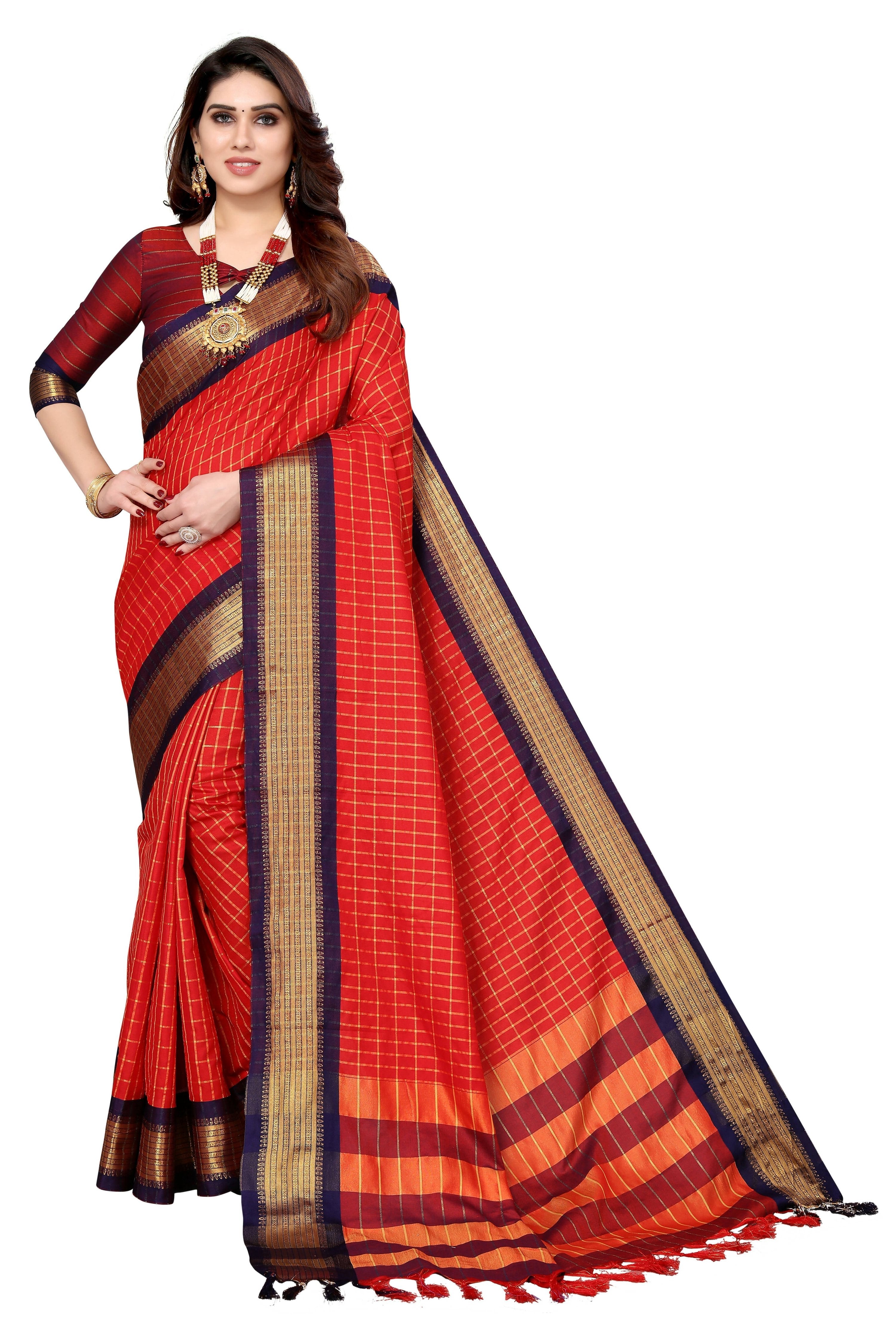 Vamika Weaving Red Cotton Silk Saree