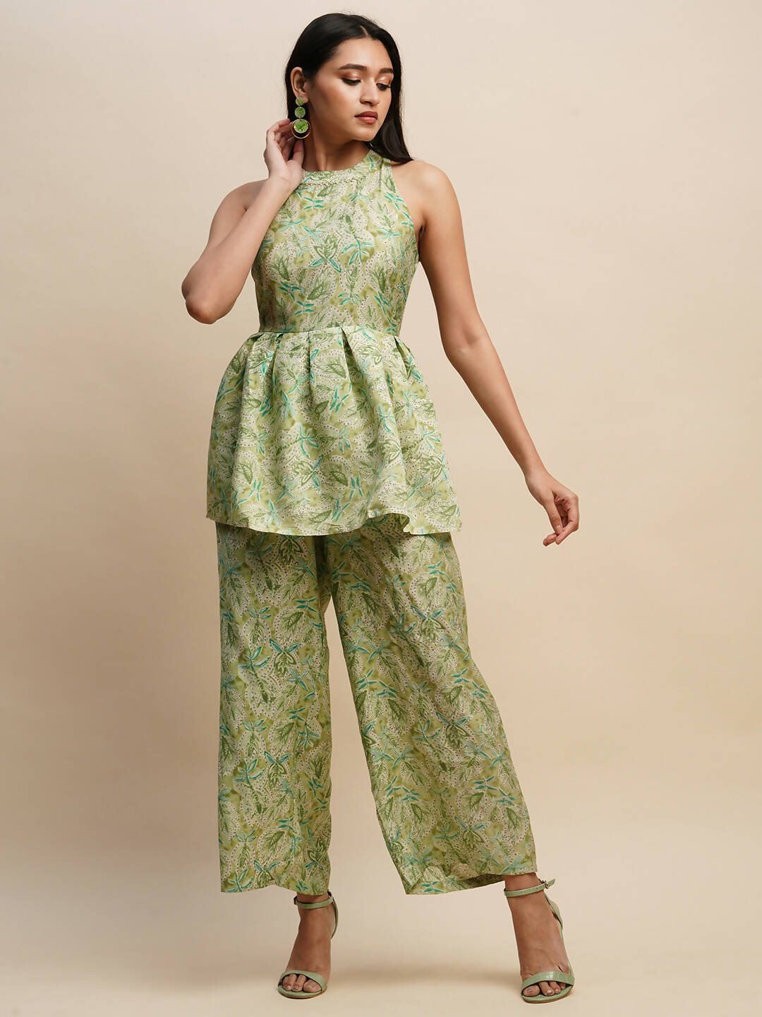 Green Poly Rayon Floral Printed Top with Matching Trouser - Shivani