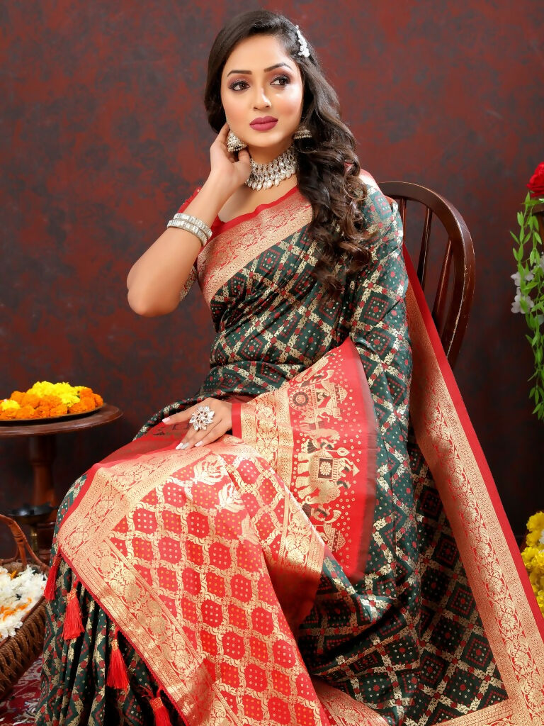 Vastranavya Black Soft Patola Silk With Meenakari Weaving Motifs And Rich Zari Weaving Pallu Saree With Matching Blouse Fabric