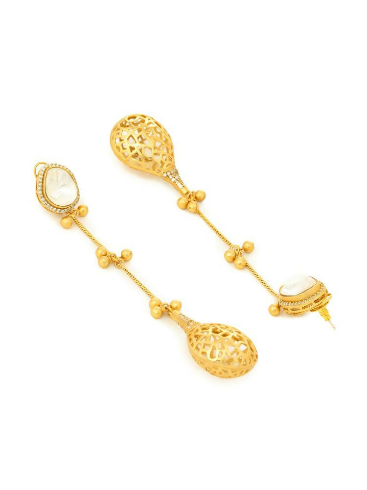 Glass Kundan Antique finish Long Earrings - Ruby Raang