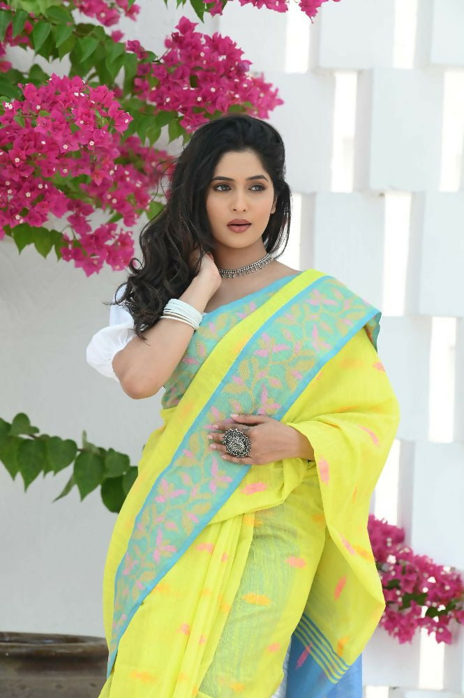 Beatitude Yellow Slub Cotton Floral Jamdani Saree