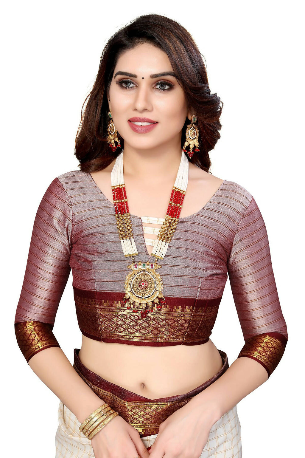 Vamika Weaving White Cotton Silk Saree (DEVAL MAROON)