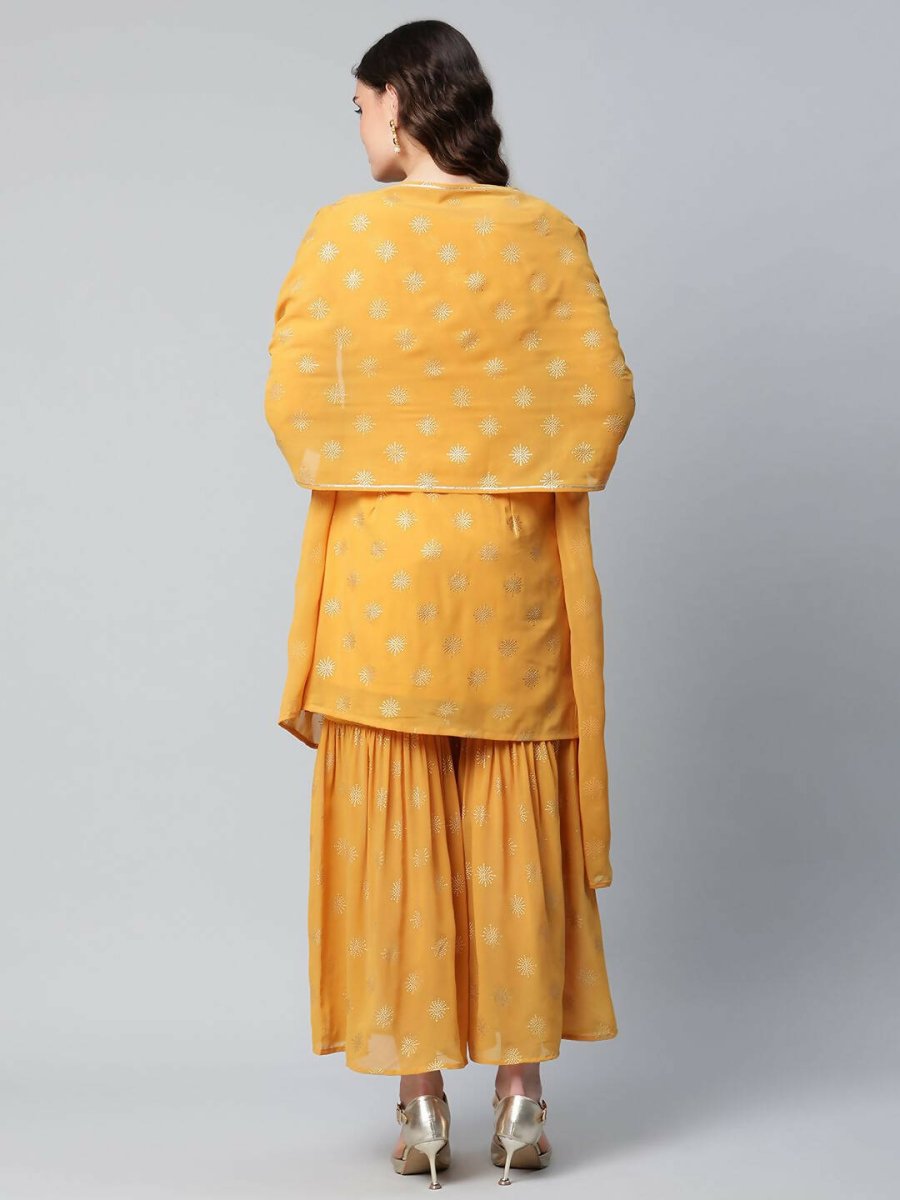 Ahalyaa Womens Mustard Georgette Gold Foil Printed Kurta Sharara Set With Dupatta