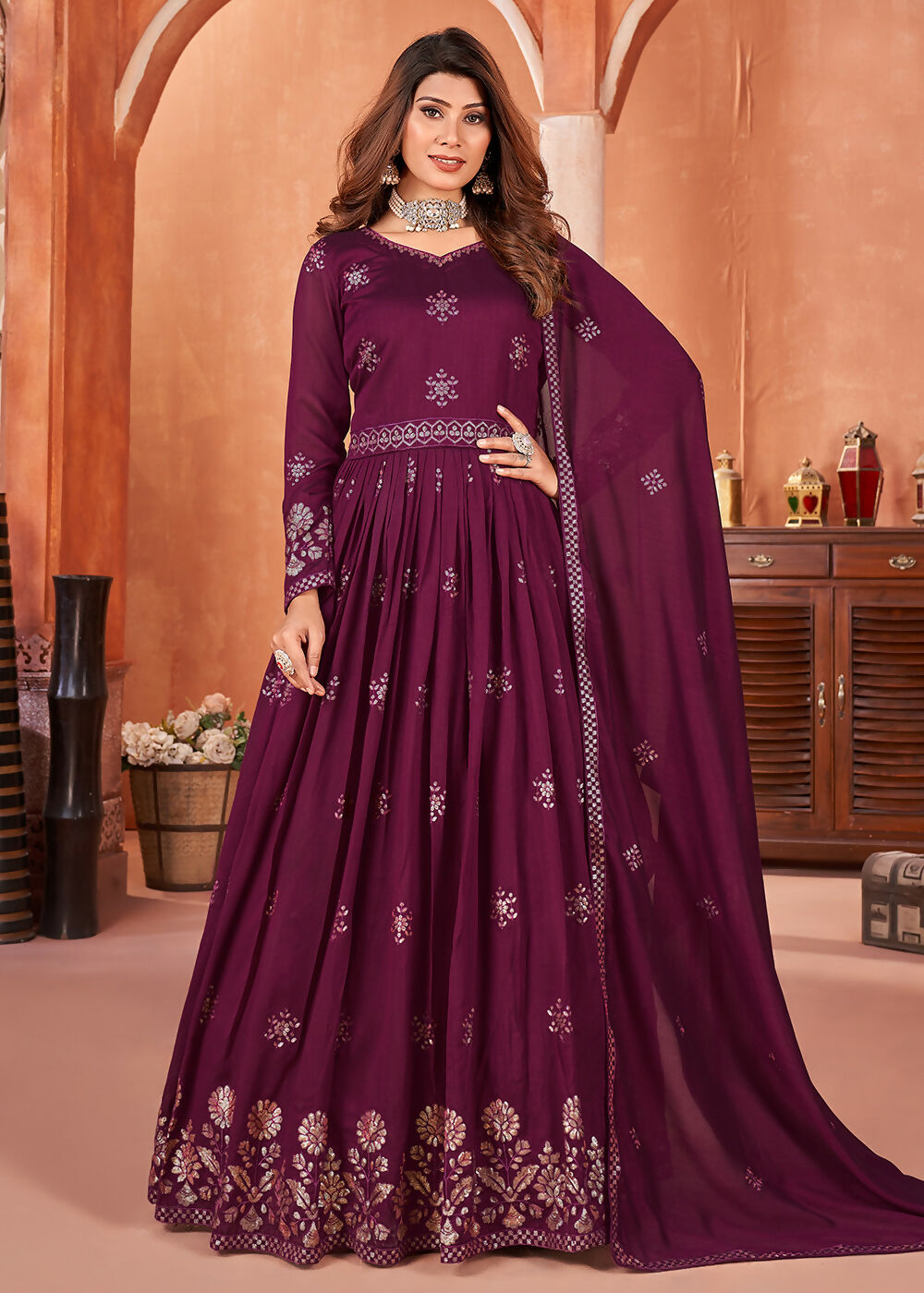 Wine Purple Festive Embroidered Art Silk Anarkali Suit - Emponline