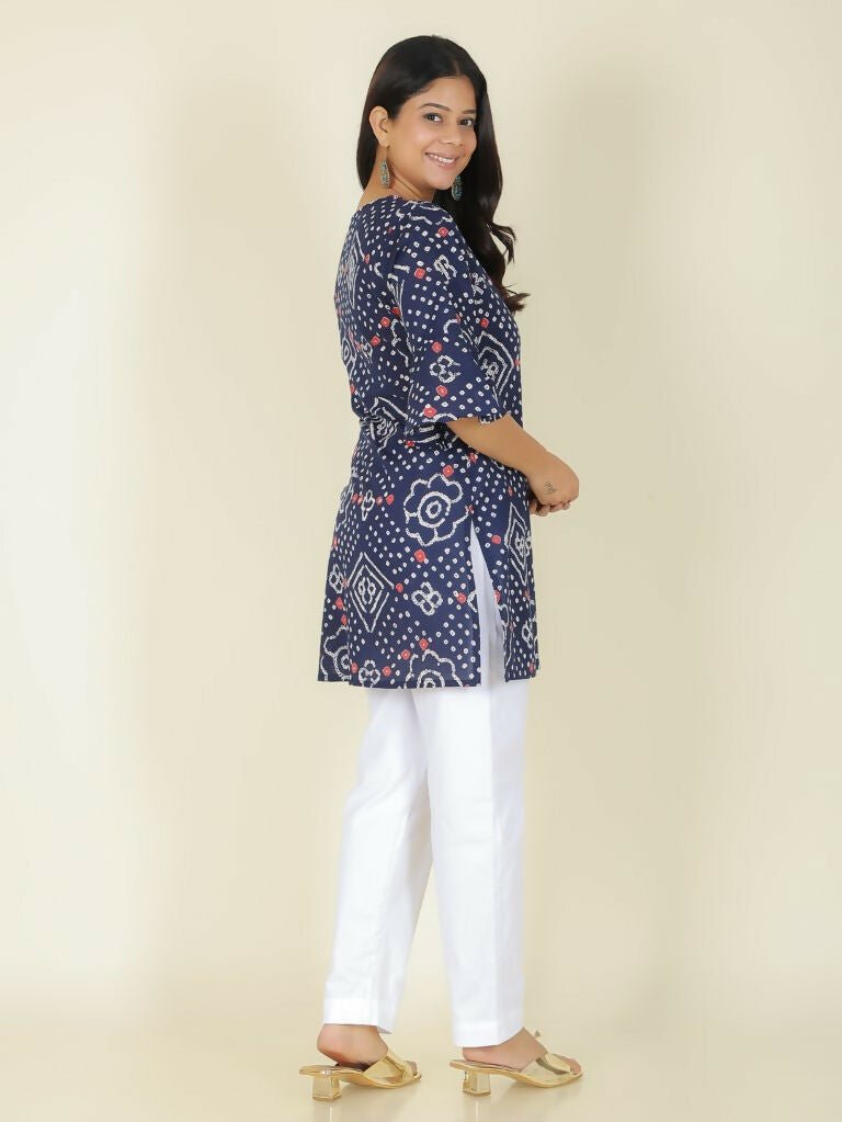 Aramya Straight Soft Cotton Bandhani Print Women's Kurta - Blue