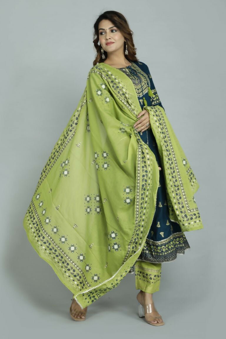 Alvano Women's Stylish Anarkali Kurti with Pant and Dupatta for Women and Girls (Teal)