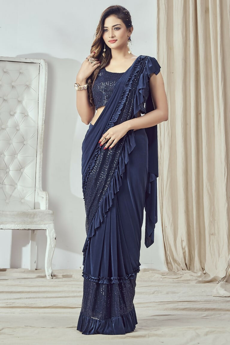 Mahotsav Women's Navy Blue Lycra Embellished Ready To Wear Saree With Stitched Blouse