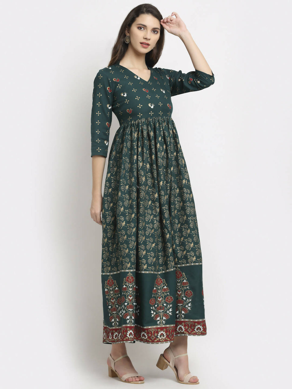 Rudra Bazaar Floral Printed A-Line Flared Green Kurti