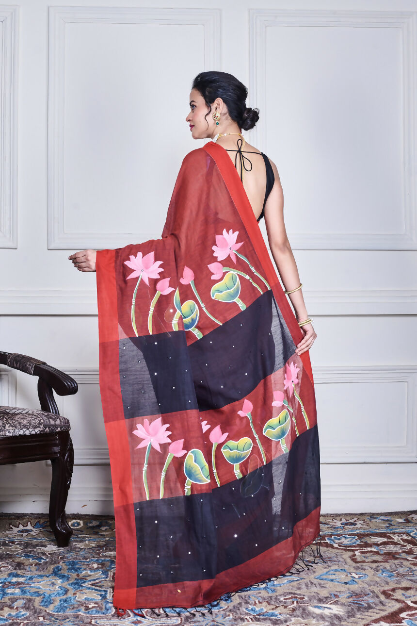 Morchari Multicolour Cotton Handloom Mirror Work Saree Unstitched Blouse
