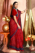 Red Chiffon Abstract Printed Saree With Unstitched Blouse Piece - Rajal