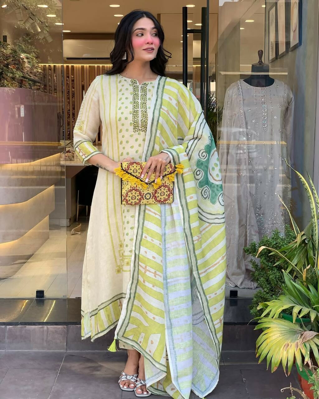 The52 Multi Women's Gorgeous Linen Silk Fabric Embroidered Work Straight Kurta Pant and Dupatta Set