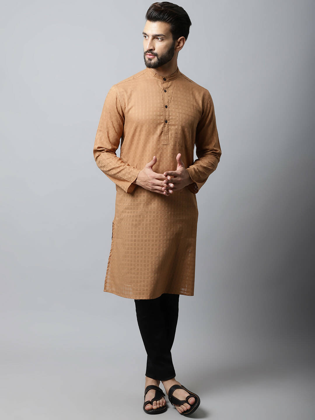 Even Apparels Brown Color Pure Cotton Men's Kurta With Band Collar (CHK1200)