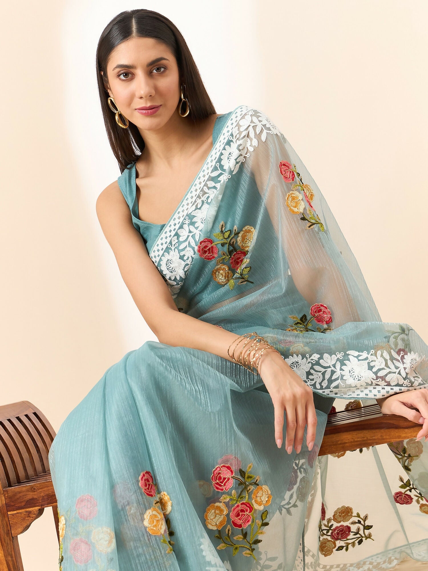 Blue Organza Floral Embroidered Saree with Unstitched Blouse Piece - Roozal
