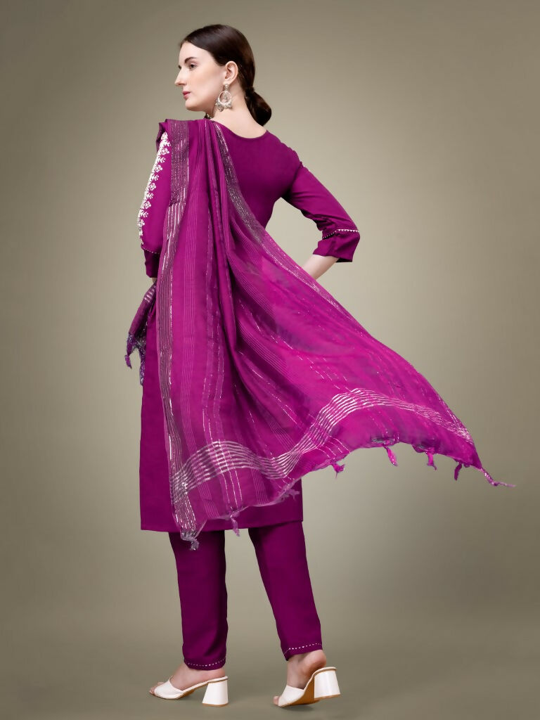 Jyoti Fashion Women's Purple Cotton Blend Embroidery & Sequence work Kurta with Trouser & Dupatta
