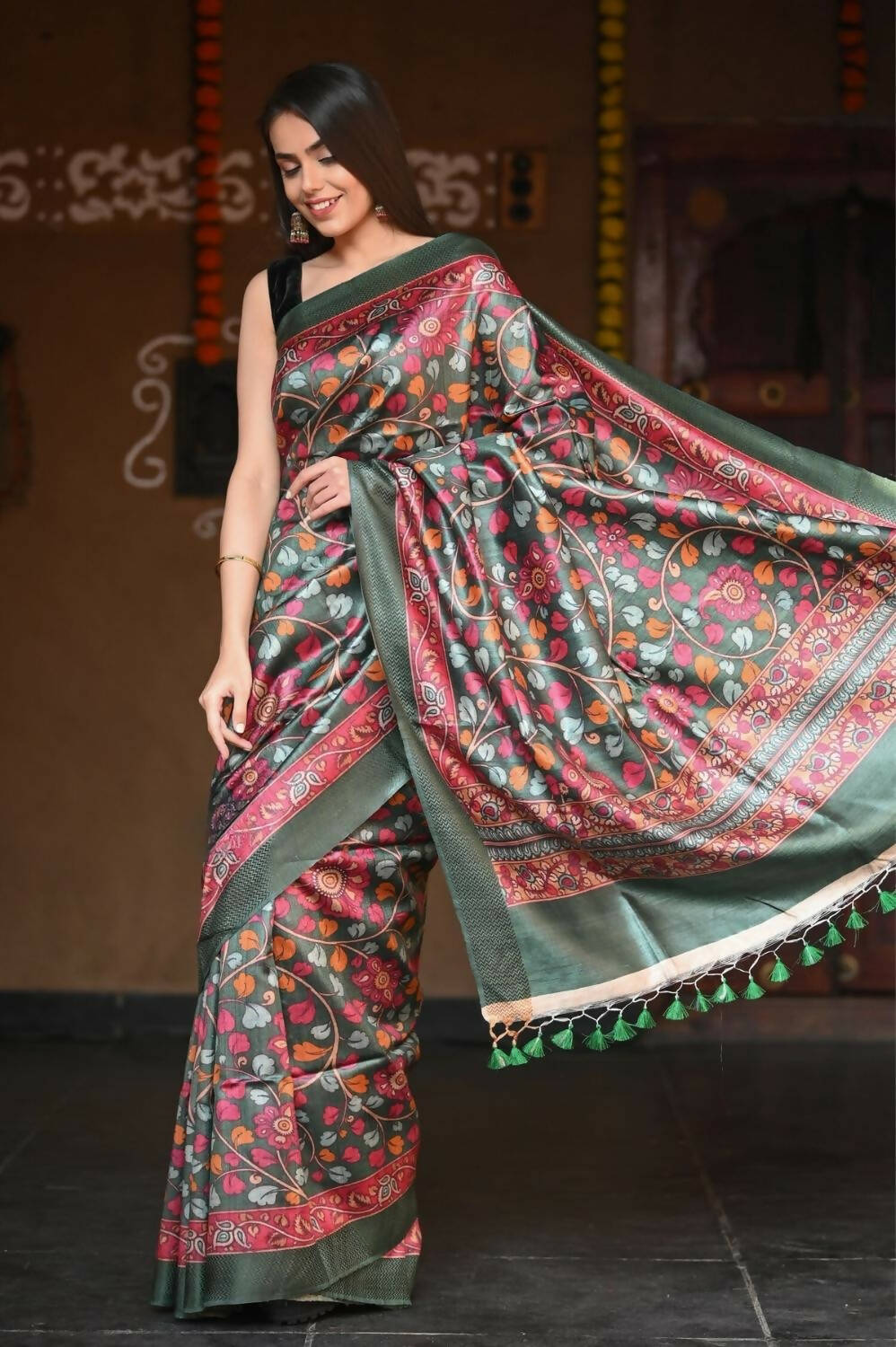 Very Much Indian Handloom Pure Tussar Silk With Floral Prints - Green