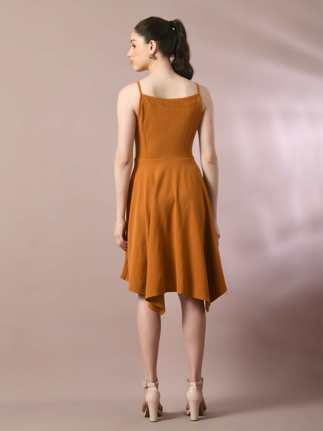 Myshka Women's Mustard Solid Shoulder Straps Fit and Flare Party Dress