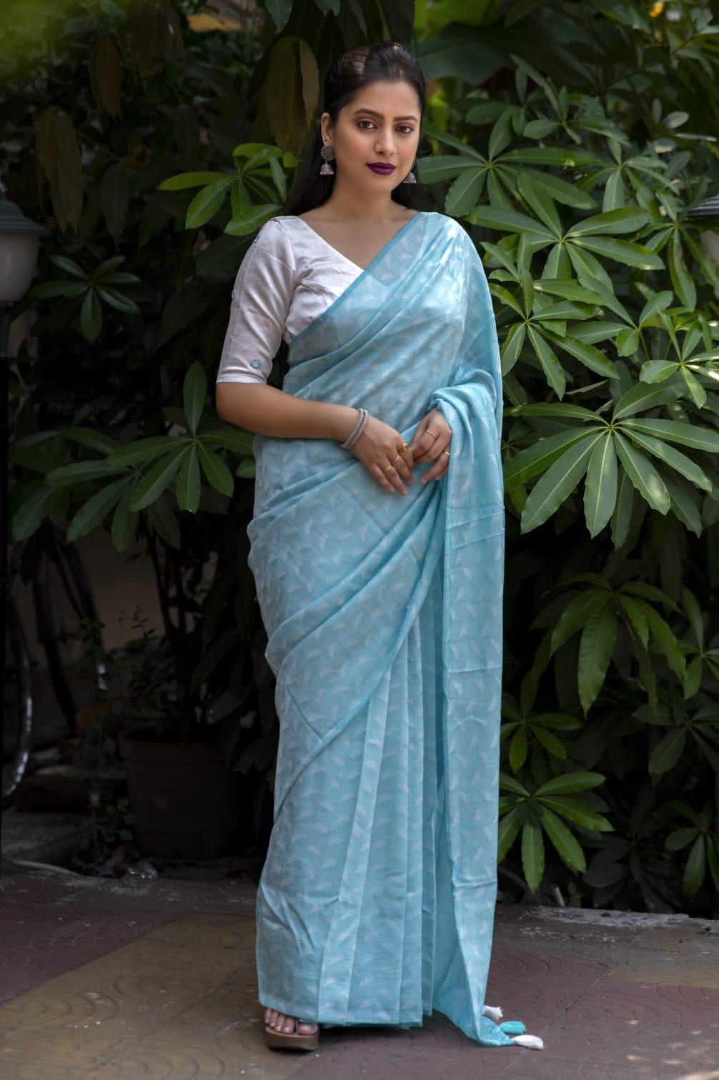 Sky Blue Poly Georgette Woven Design Saree with Unstitched Blouse - Hiral Fashion