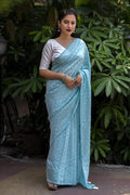 Sky Blue Poly Georgette Woven Design Saree with Unstitched Blouse - A2M