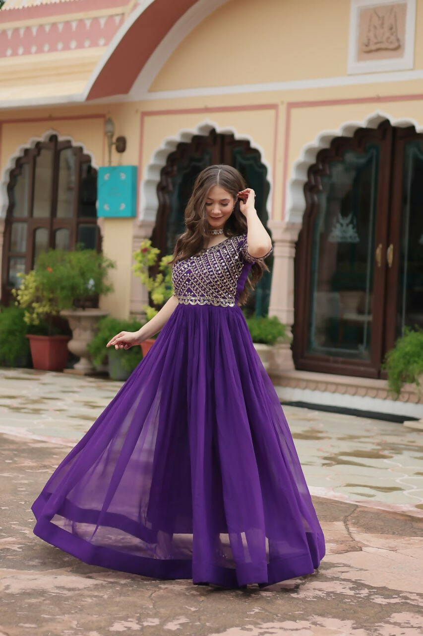 Vastranavya Faux Blooming with Embroidery Zari Sequins-work Gown - Purple