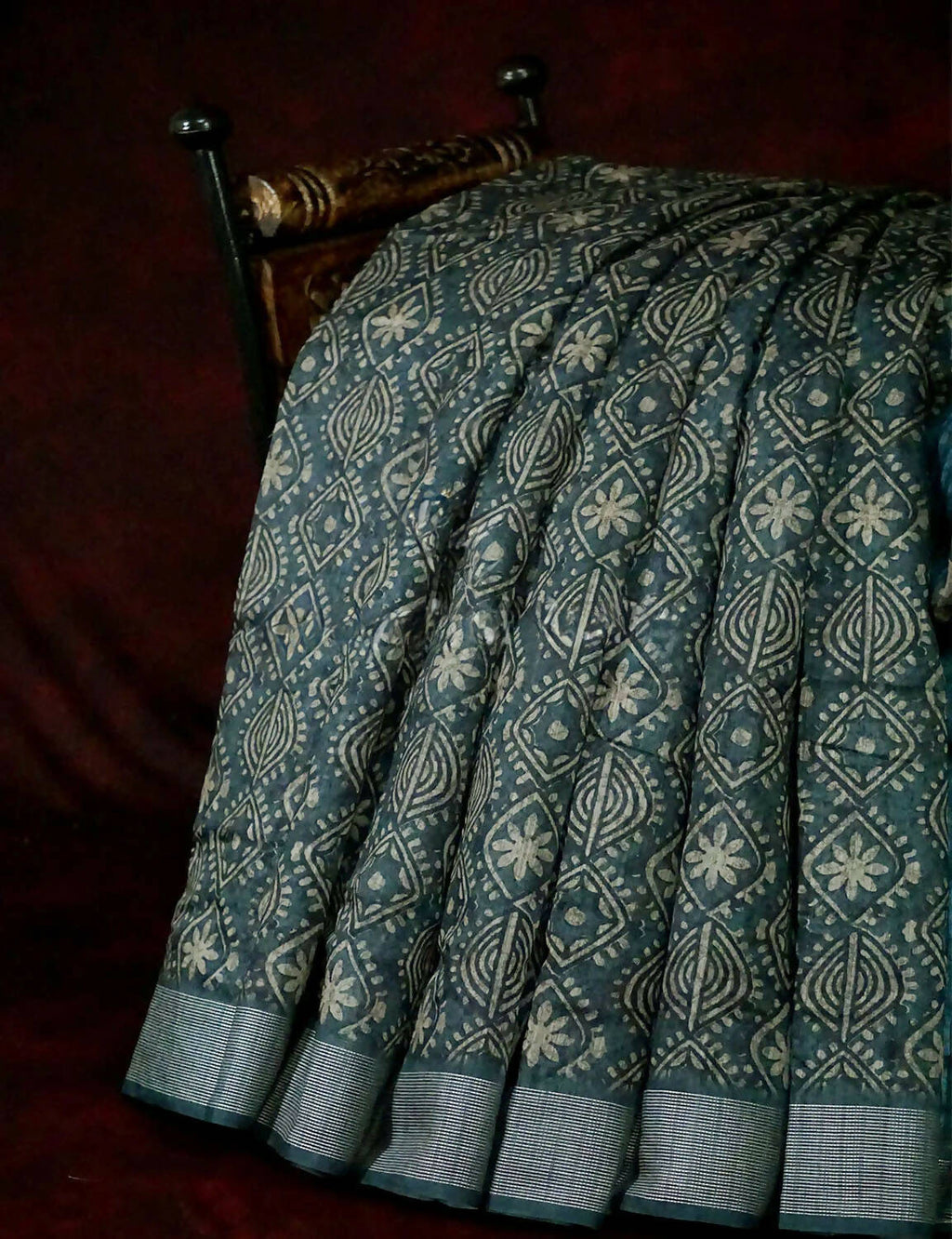 Bottle Green Printed Design Semi Chanderi Saree By Gayathri Reddy Designer Studio