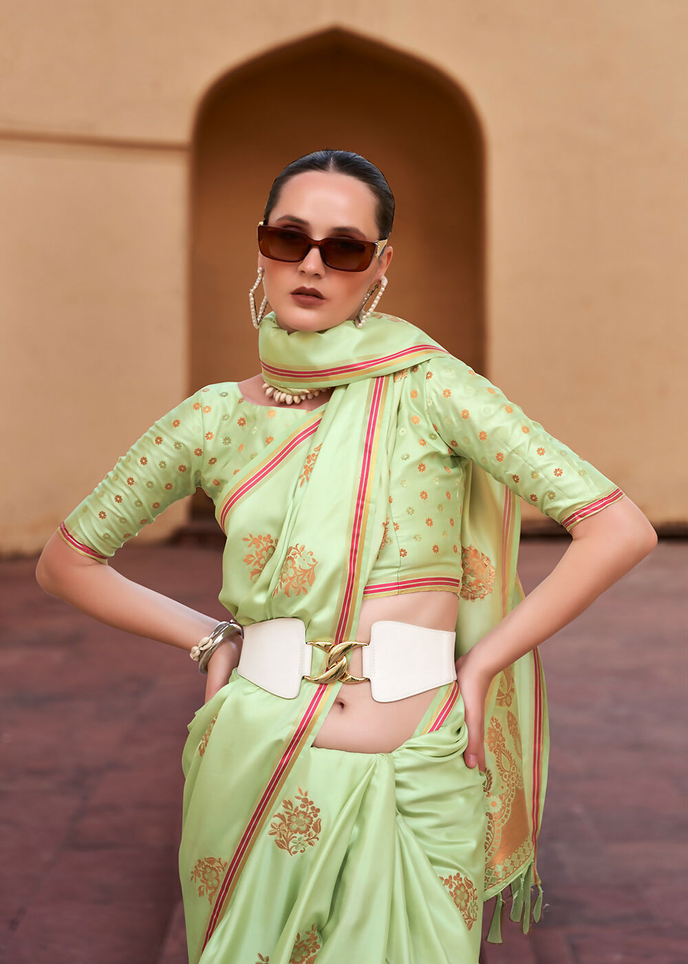 Sprout Green Pure Satin Zari Weaving Wedding Festive Saree - Emponline