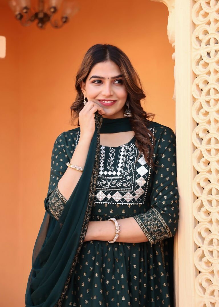 Alvano Women's Embroidery work Print Naira Cut Kurti with Pant and Dupatta set Rayon
