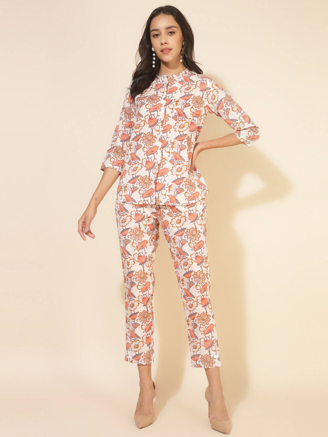 Janasya Women's White Cotton Floral Printed Casual A-Line Co-ords