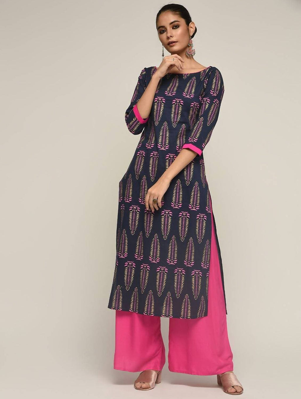 Cheera Hand Block Print Navy & Magenta Straight Kurta With Palazzo (MAAI-095K)