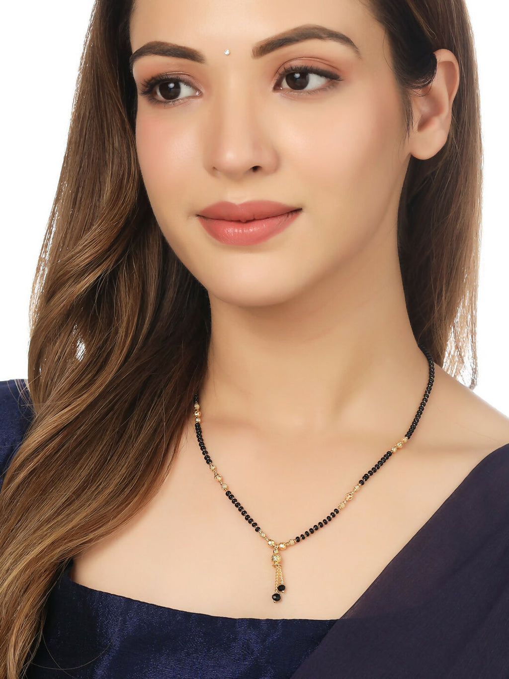 NVR Women's Set of 3 Gold-Polished CZ Stone-Studded & Beaded Mangalsutra