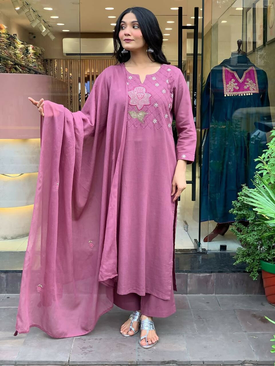 The52 Peach Women's Gorgeous Embroidered Cotton Fabric Straight Kurta Pant with Dupatta Set