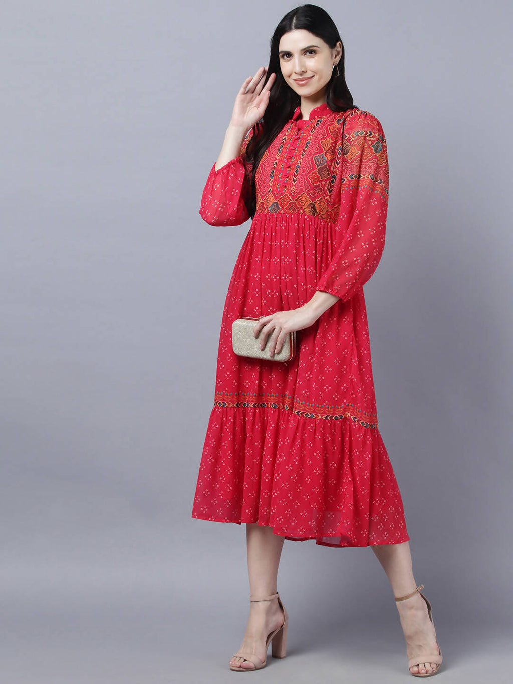 Myshka Stylish Red 3/4 Sleeve Women's Dress