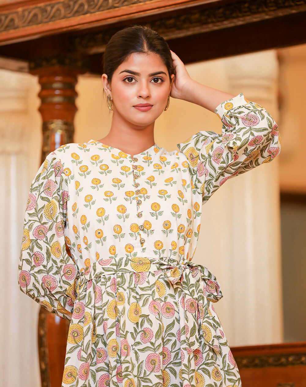 Kaajh Women's White-Pink Floral Print Handblock Dress