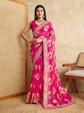 Pink Georgette Printed Designer, Embroidery Work Lace Border Saree - Aarvi