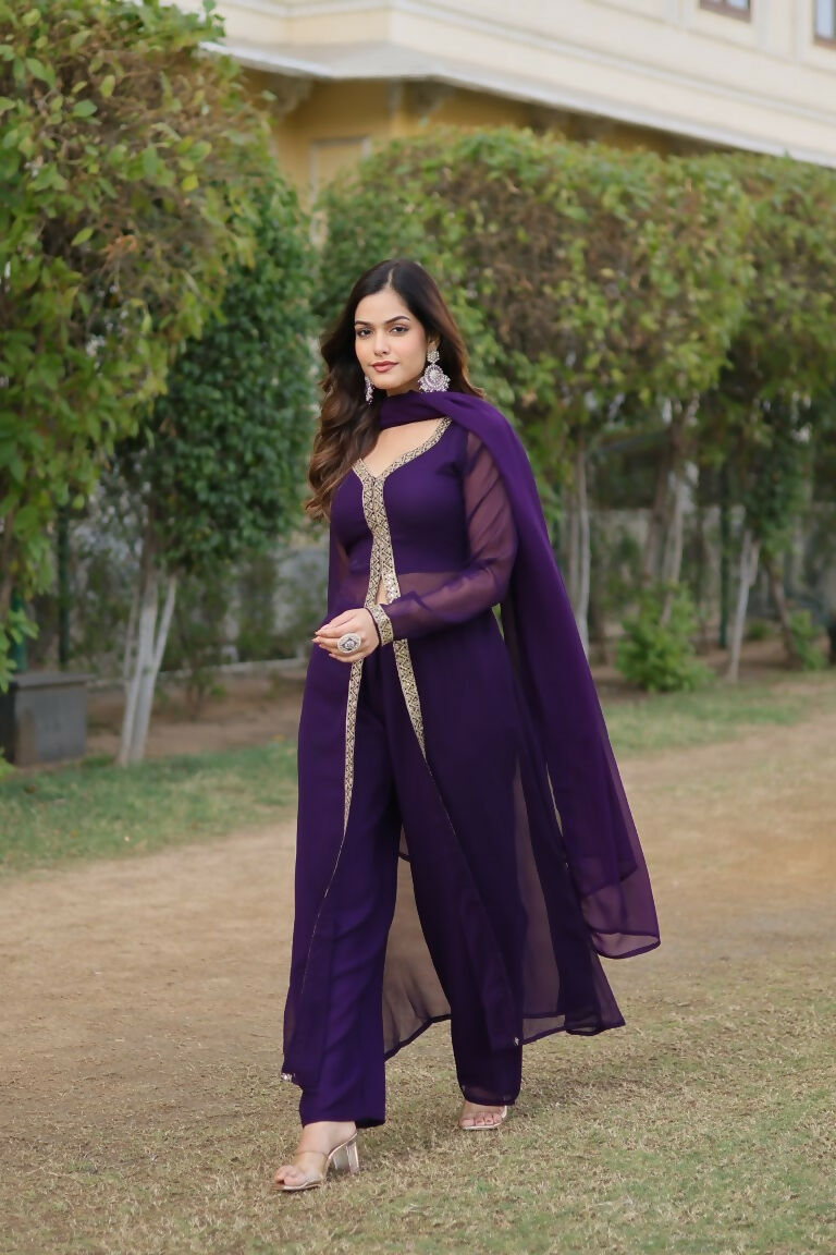 Jyoti Fashion Women's Purple Faux Blooming Embroidered Kurta with Trouser & Dupatta