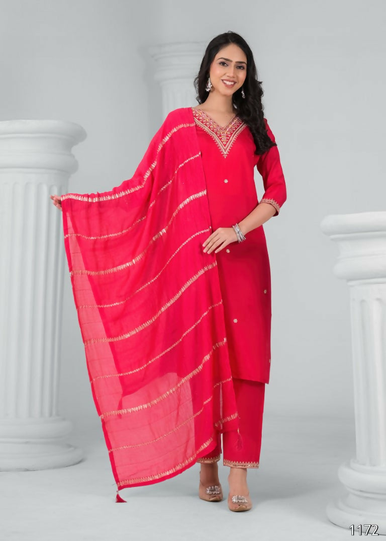 Ethnic Festive Wear Chanderi Red Stitched Suit With Dupatta - Tanisha