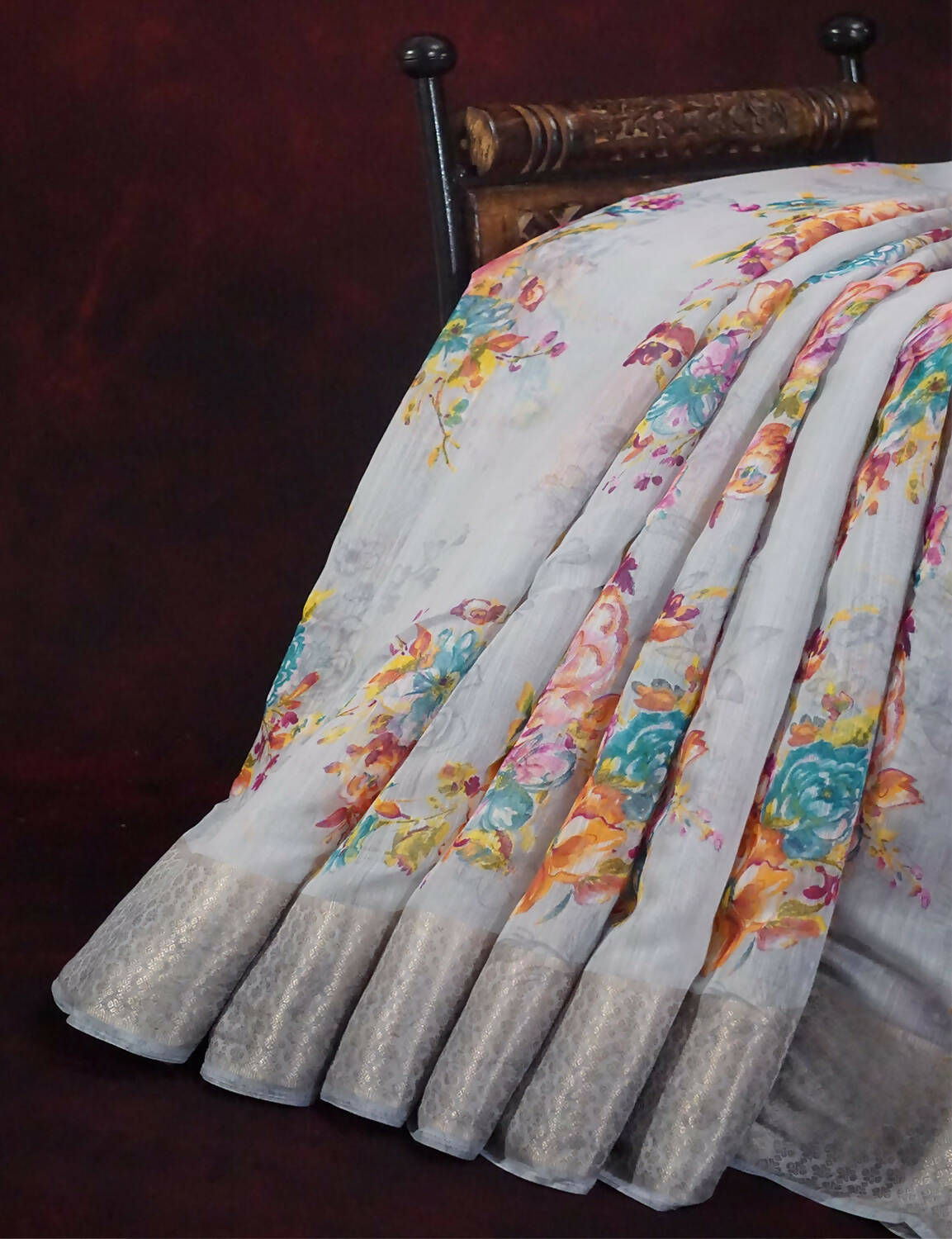 Shades Of Grey With Floral Design Semi Chanderi Saree By Gayathri Reddy Designer Studio