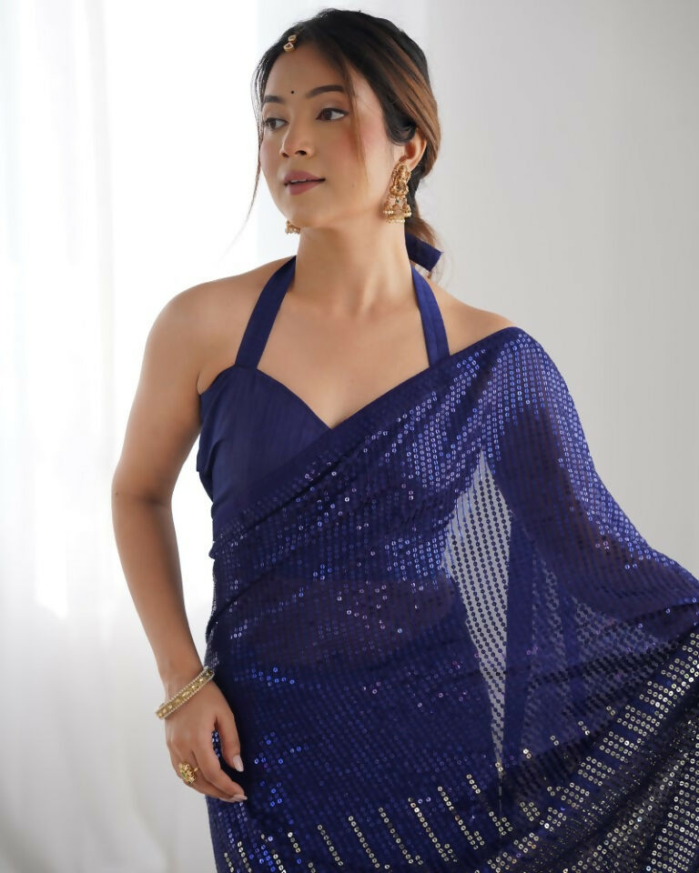 Blue Georgette Designer Sequence Embroidery Work Saree - Sitare