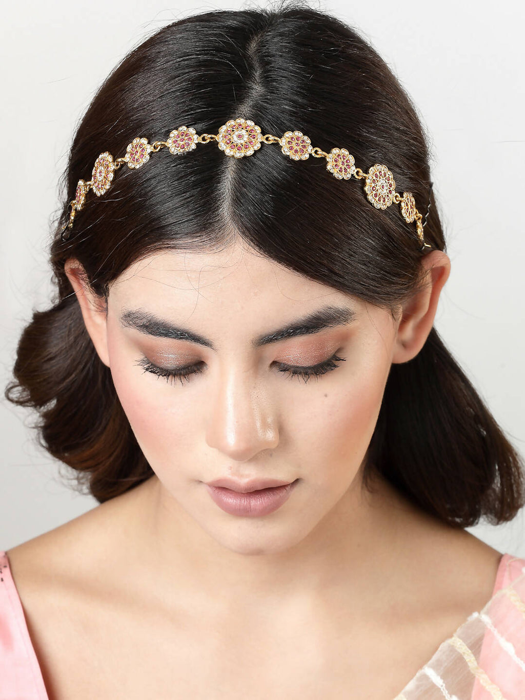 NVR Women's Gold-Polished Traditional Meenakari Stones Trending Matha Patti