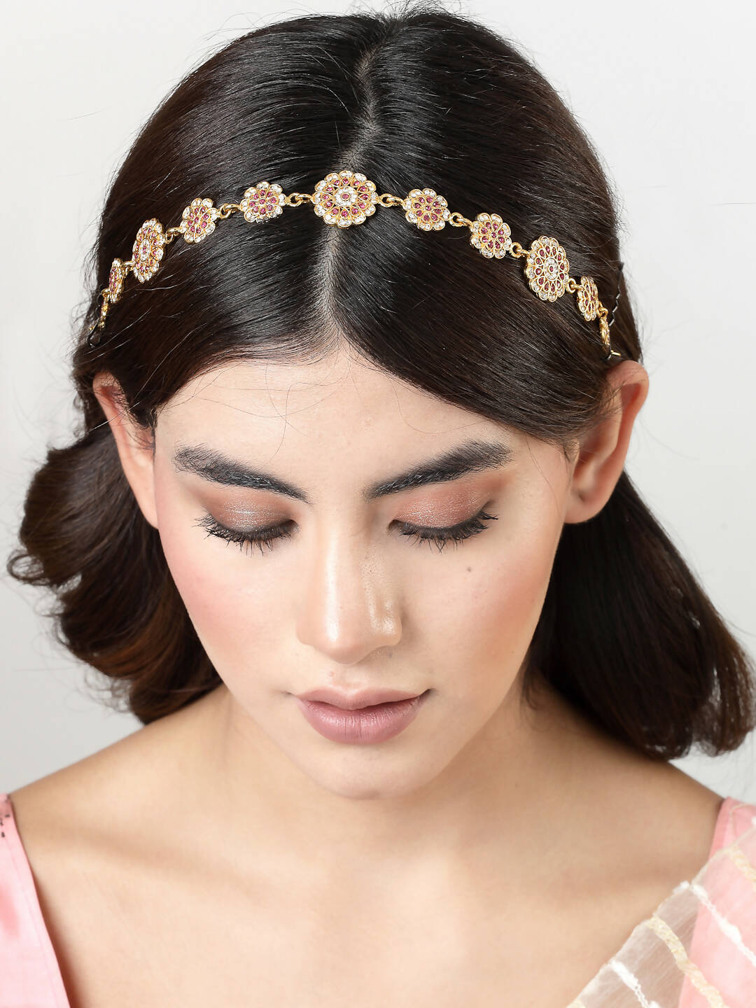 NVR Women's Gold-Polished Traditional Meenakari Stones Trending Matha Patti