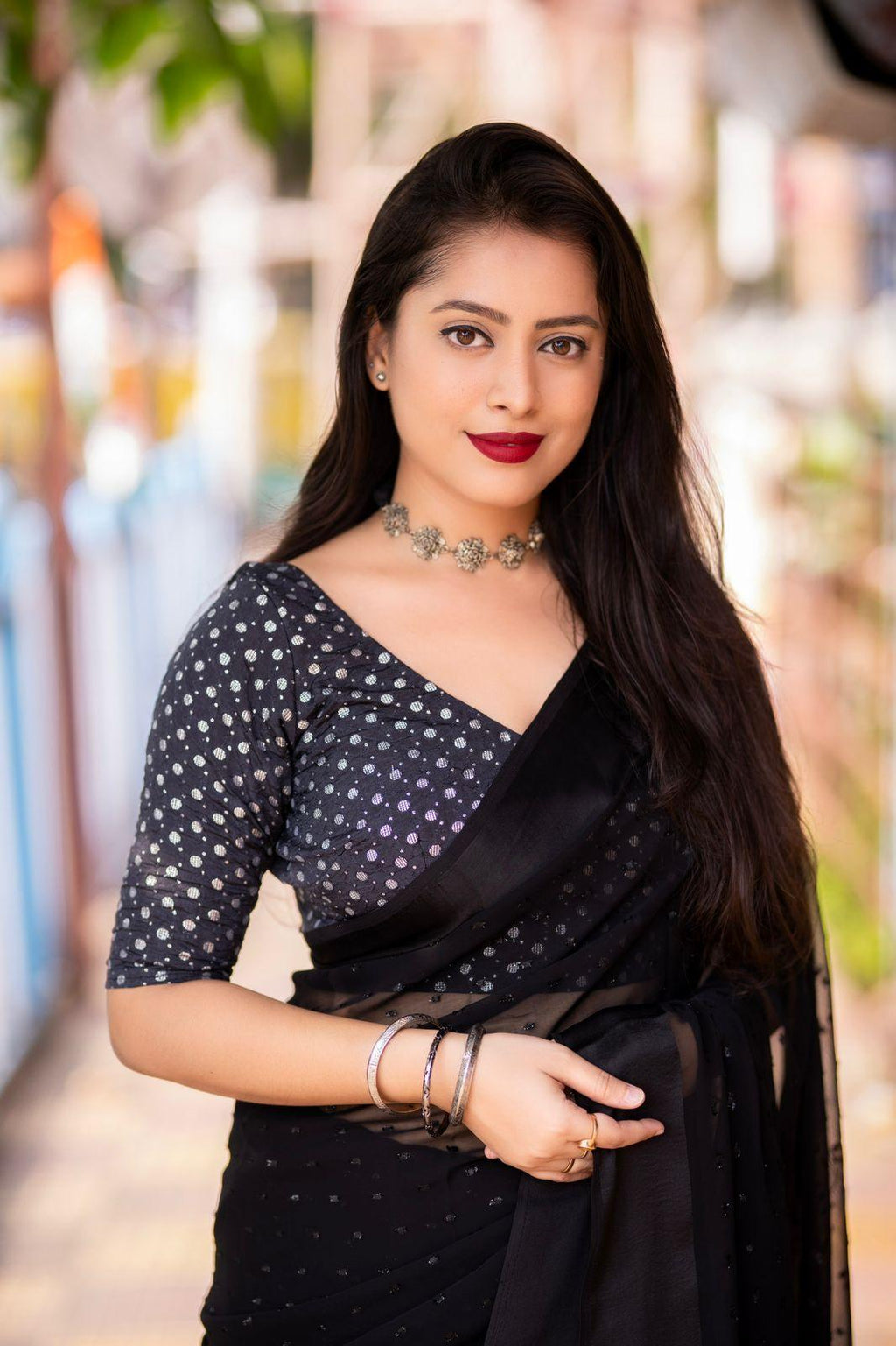Black Poly Chiffon Woven Design Saree with Unstitched Blouse - Hiral Fashion