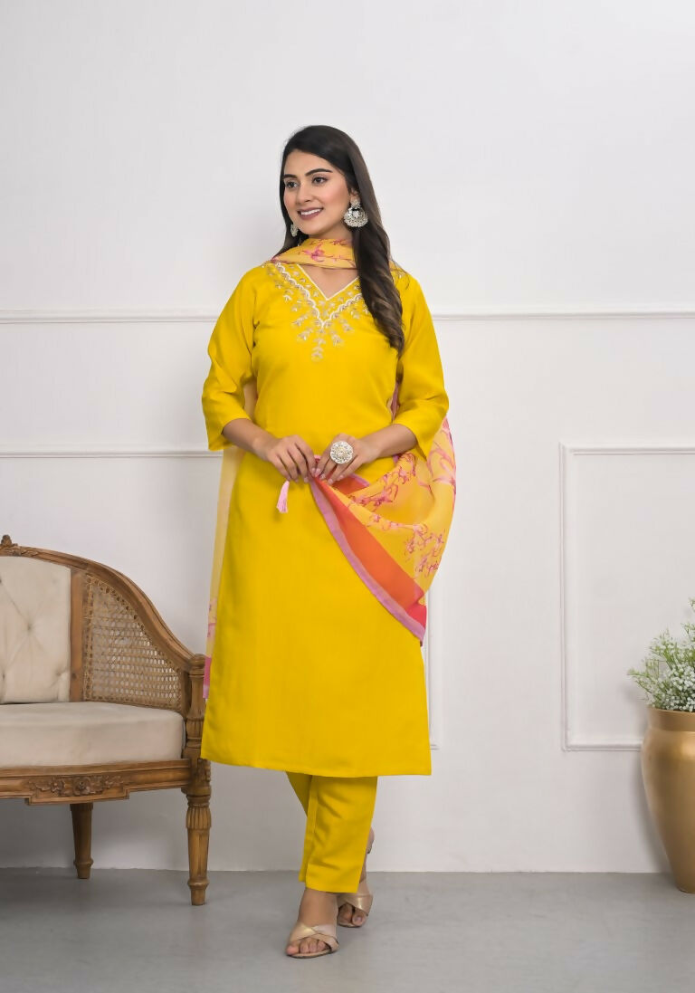 Yellow Viscose Silk Embroidery with Thread and sequence Stitched Suit With Dupatta - Tanisha