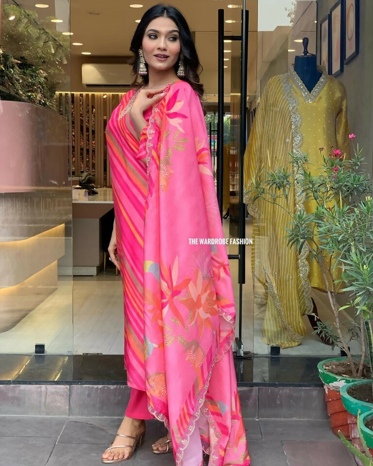Partywear Designer Pure Russian Silk Pink Stitched Suit With Dupatta - Tanisha