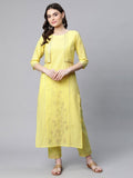 Ahalyaa Women Yellow Pure Cotton Printed Floral Kurta With Trousers