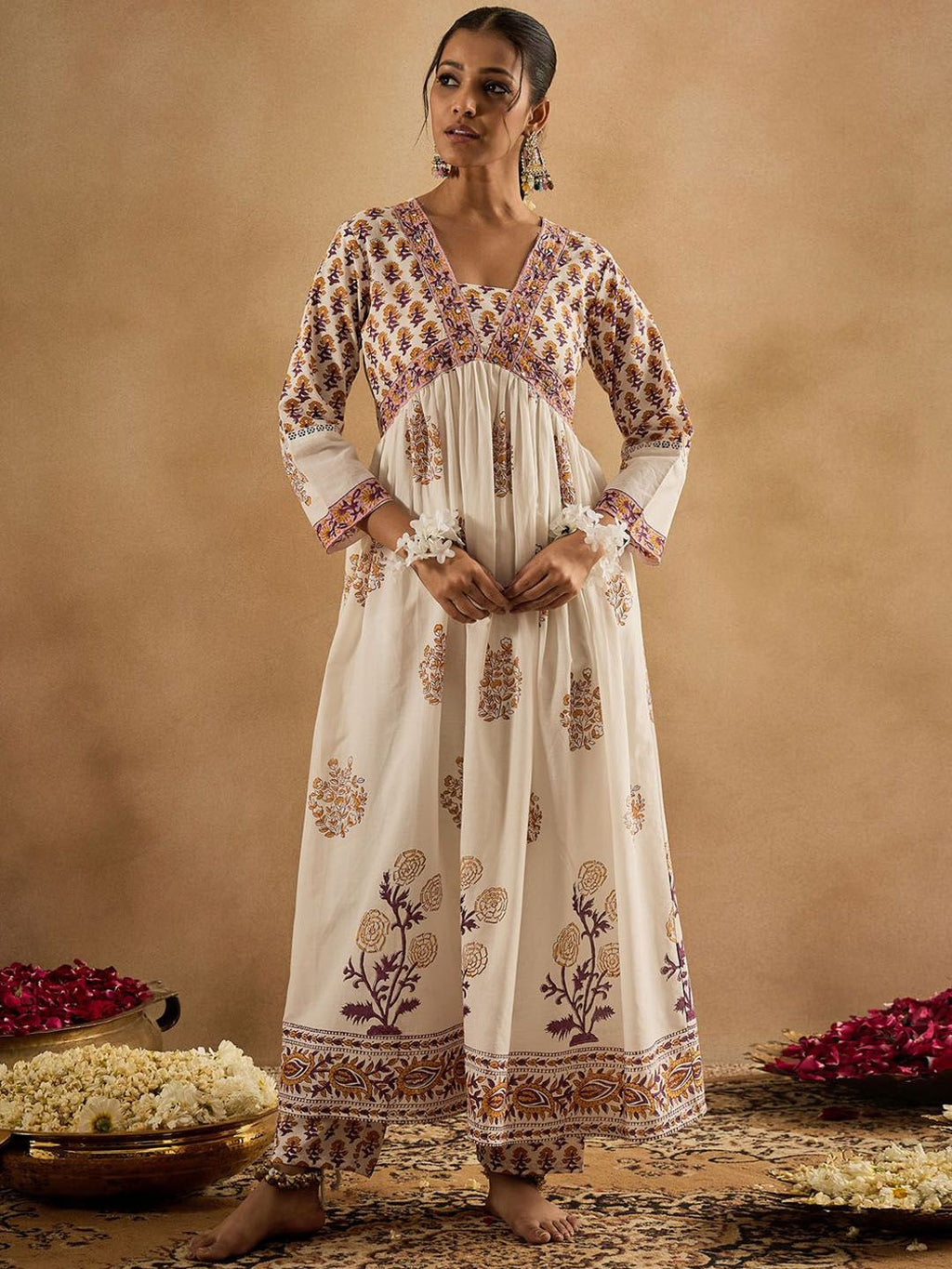 Indo Era Women Floral Printed Empire Pure Cotton Kurta with Trousers & With Dupatta