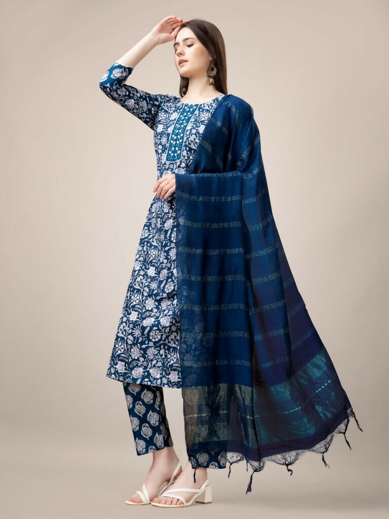 Jyoti Fashion Women's Morpich Rayon Print with Embroidery & Fancy Lace Work Kurta with Trouser & Dupatta