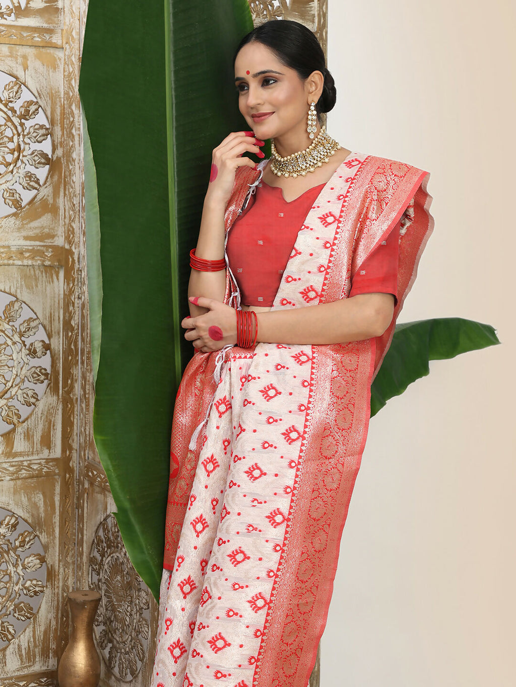 Shree Shyam Fashion Linen Cotton Red & White Saree