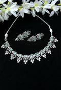 Mominos Fashion Johar Kamal Silver-Plated American Diamond Pista Green Choker Set