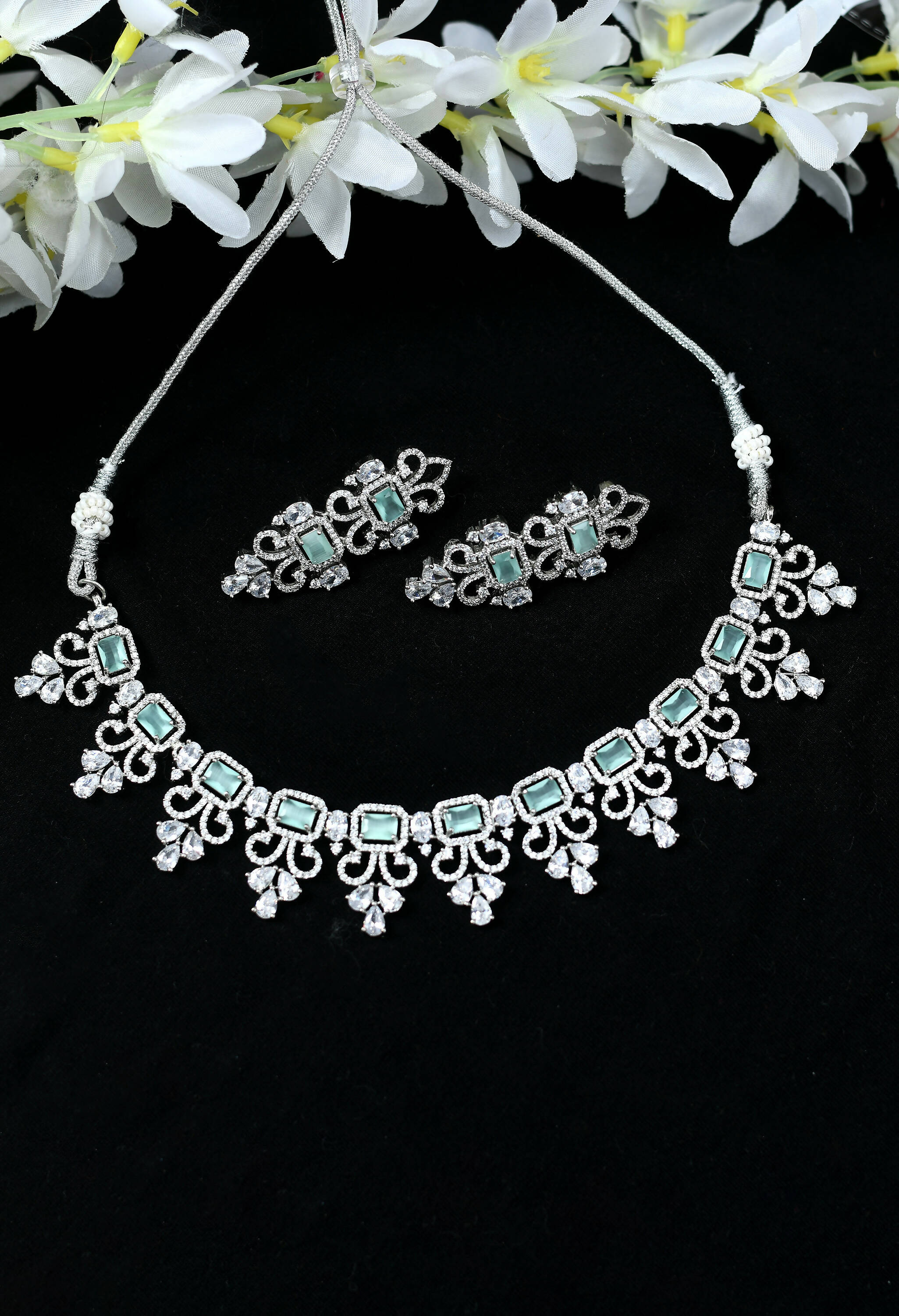Mominos Fashion Johar Kamal Silver-Plated American Diamond Pista Green Choker Set