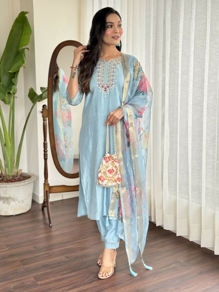 Lavender Viscose chanderi Stitched Suit With Dupatta - Tanisha
