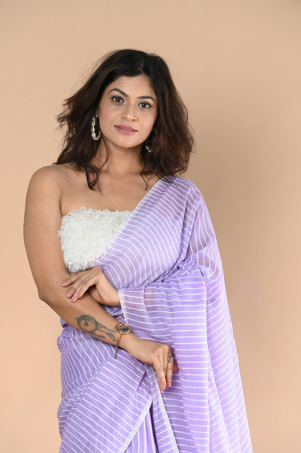 Very Much Indian Designer Pure Cotton Saree With All Over Linear Stripes - Lavender